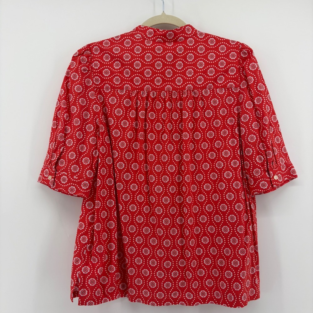 LOFT Womens Small Red White Blouse Geometric Floral Band Collar Elbow Sleeve - Picture 2 of 6